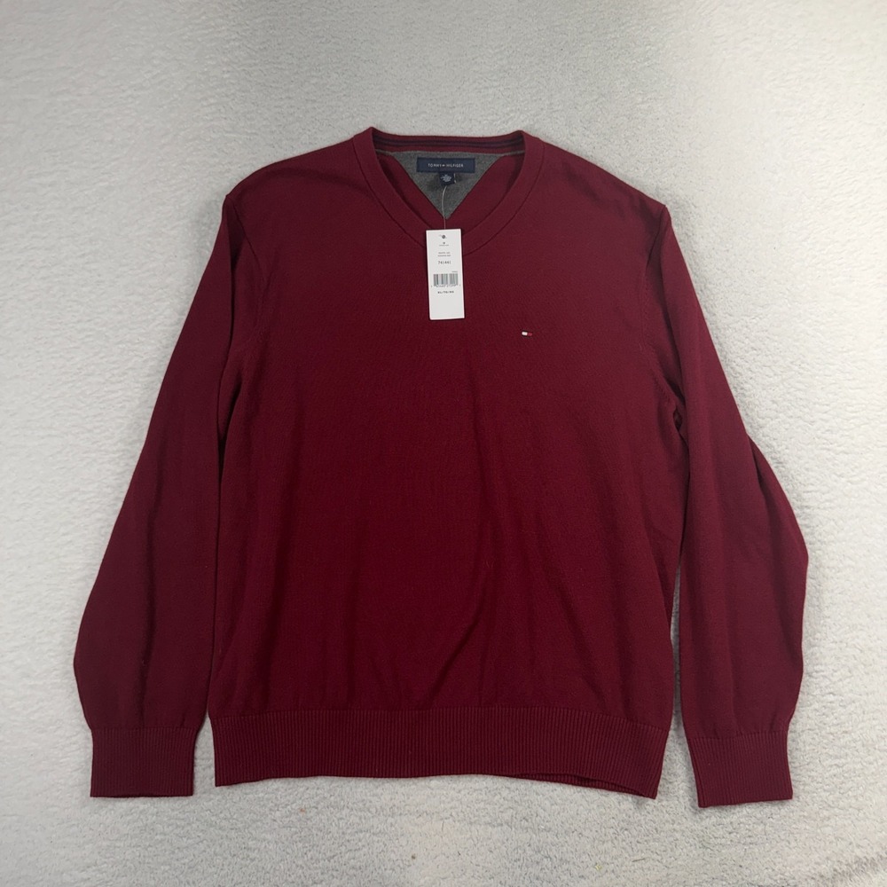 TOMMY HILFIGER V-NECK SWEATER RED WINE MENS XL NEW WITH TAGS NWT Logo